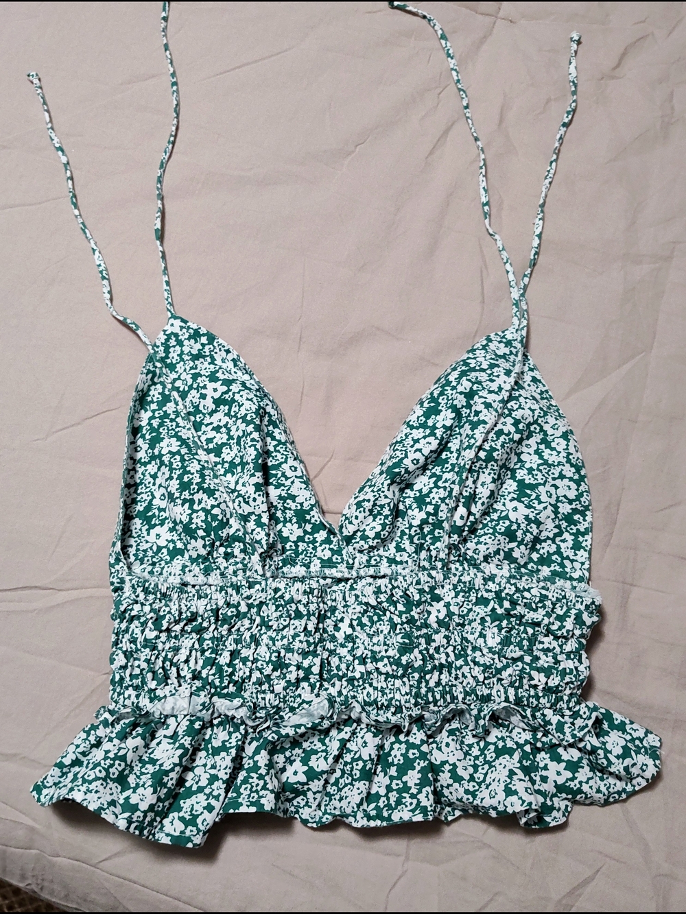 Cotton Floral Green Smocked Ruffle Halter Top Summer Boho Chic